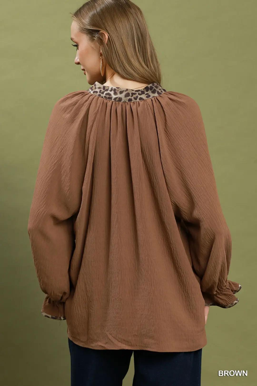Umgee Leopard Trim V-Neck Puff Sleeve Blouse - Brown