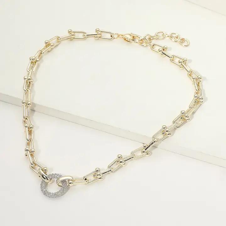 14K Gold Plated Cz Pave Ring Accent Industrial Link Chain Necklace