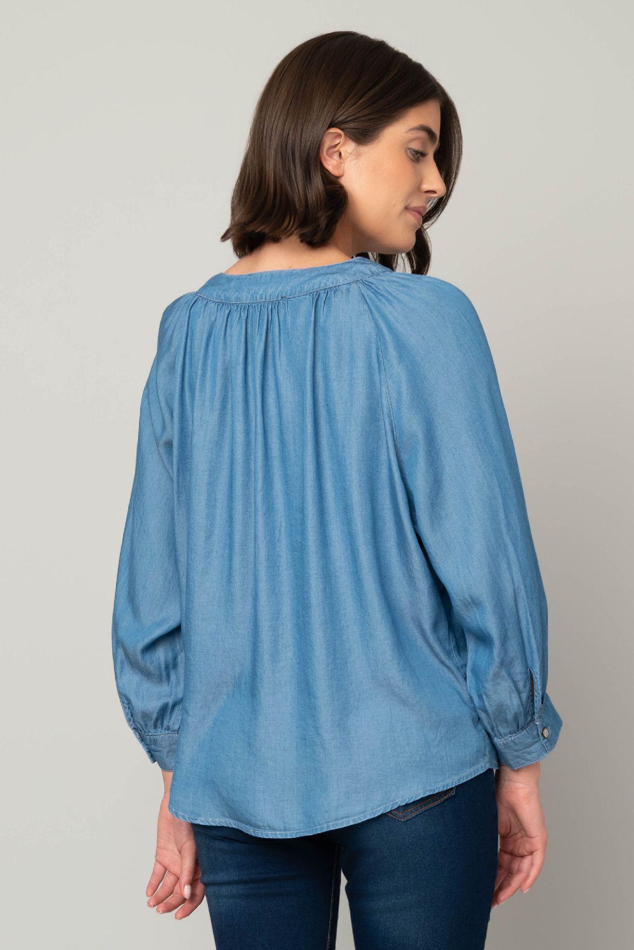 V-Notch Balloon Sleeve Denim Blouse