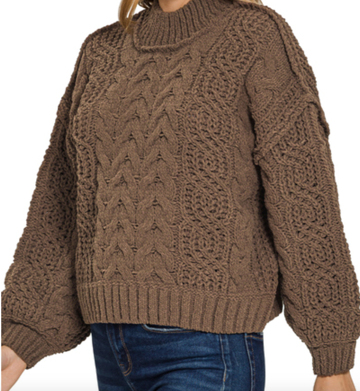 ZENANA Cable Knit Sweater Brown
