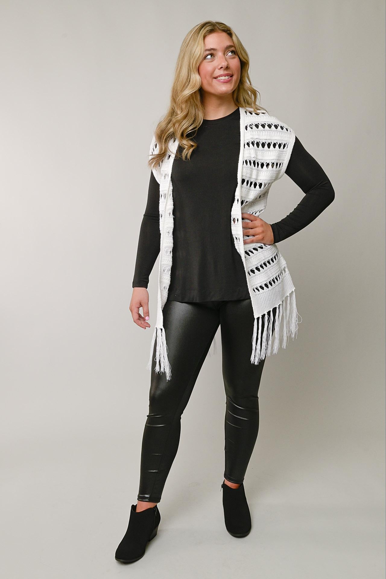 Pointelle Open Front Cardigan w/ Fringe