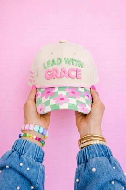 GRACE & EMMA "Lead with Grace" on Tan Cap with Floral Checkered Bill
