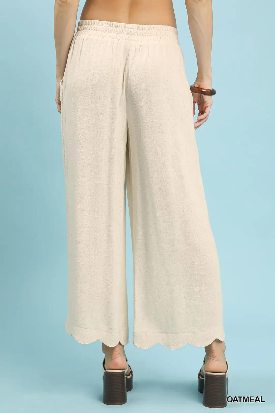 Umgee Linen Blend Scallop Hem Wide Leg Pants