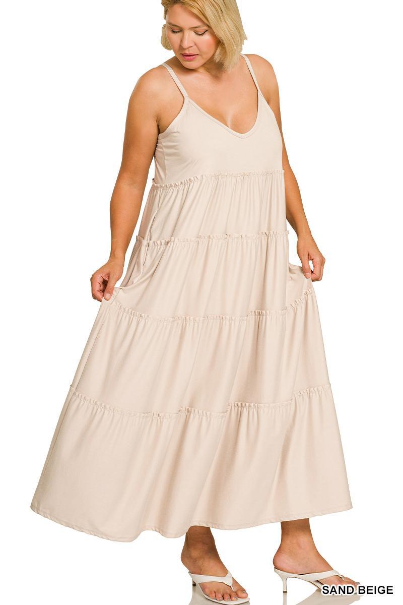 ZENANA V-neck Cami Maxi Tiered Dress w/ Side Pockets
