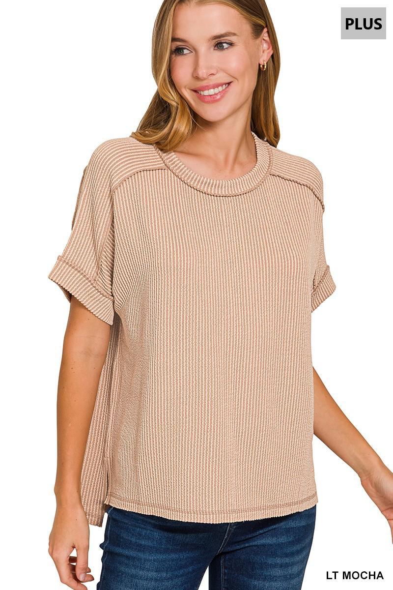 ZENANA Ribbed Cuff Sleeve Raw Edge Top