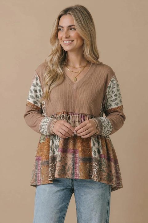 Boho Print Color Block Knit Top