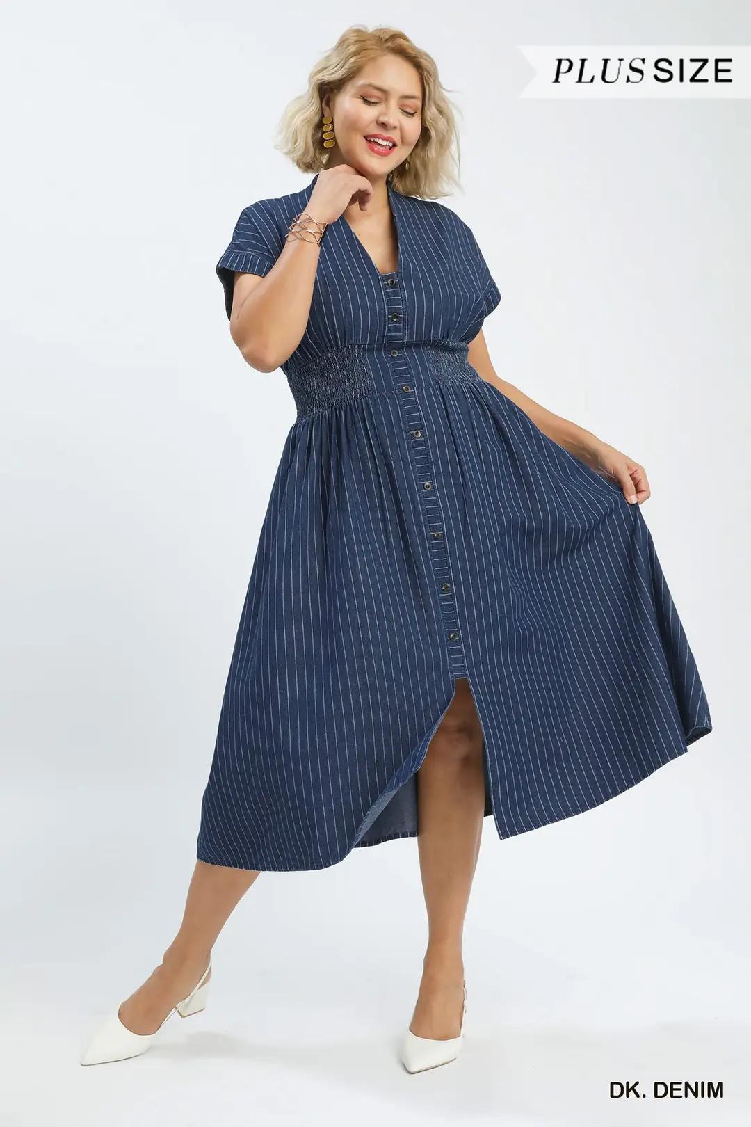 Umgee Pinstripe Smocked Waist Button-Front Midi Dress