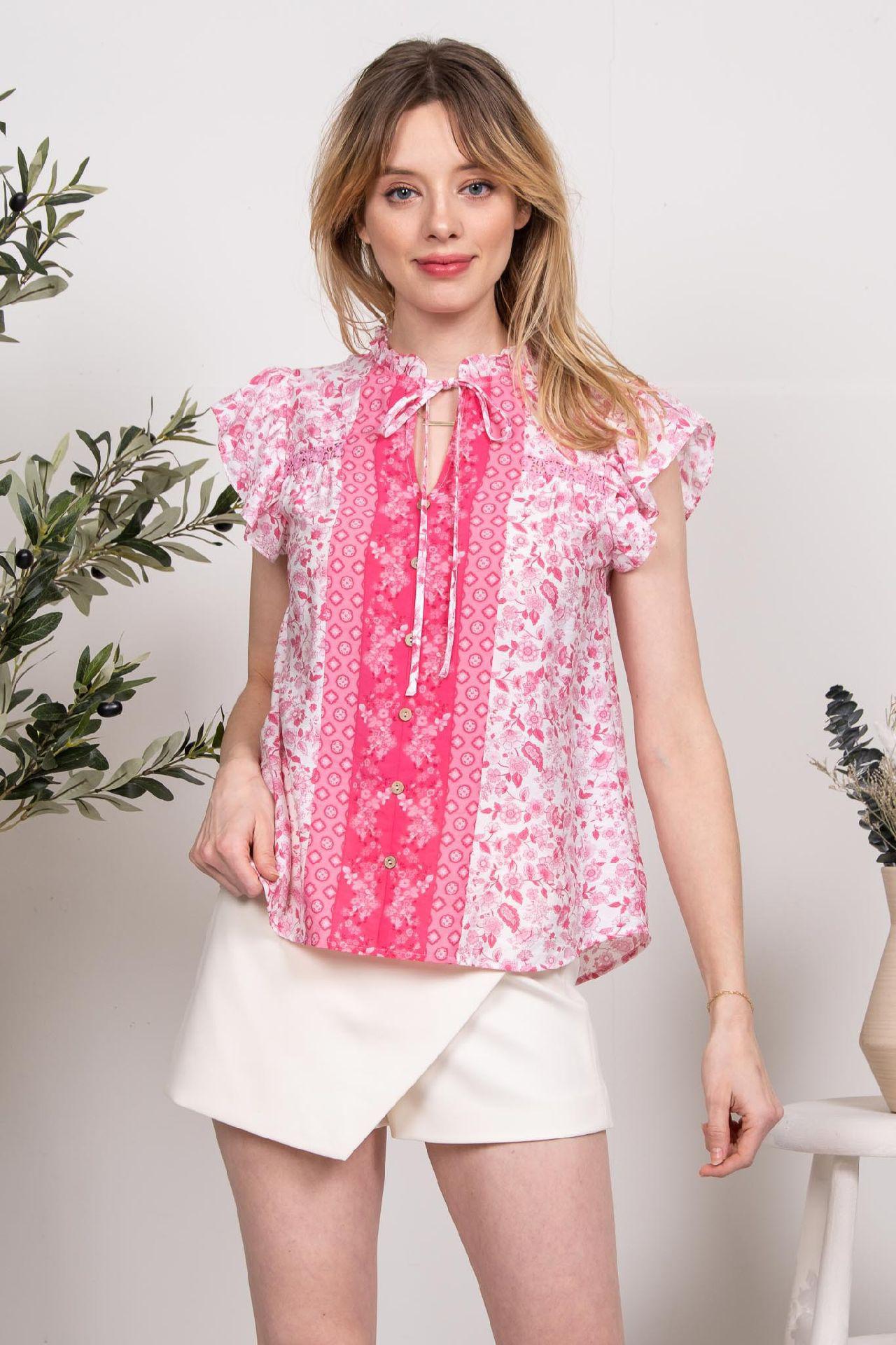 Floral Crepe Button Front Ruffle Sleeve Blouse