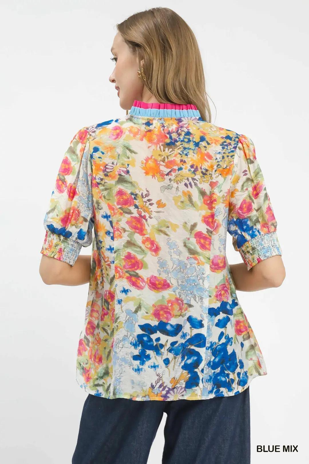 UMGEE Floral Contrast Pleat Neck Top - Blue Mix