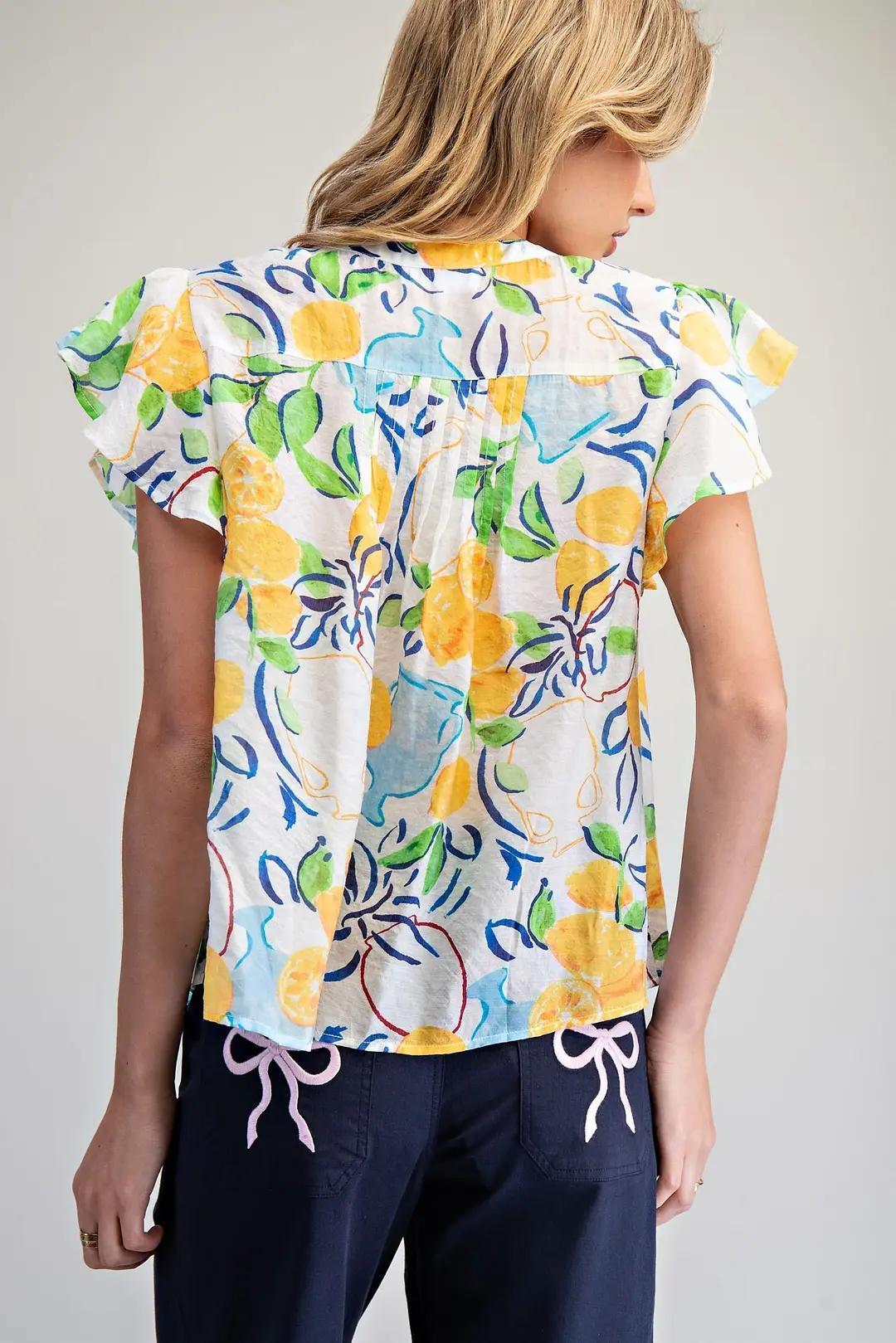 Fruit Printed Ruffle Short Sleeve Pleated Blouse