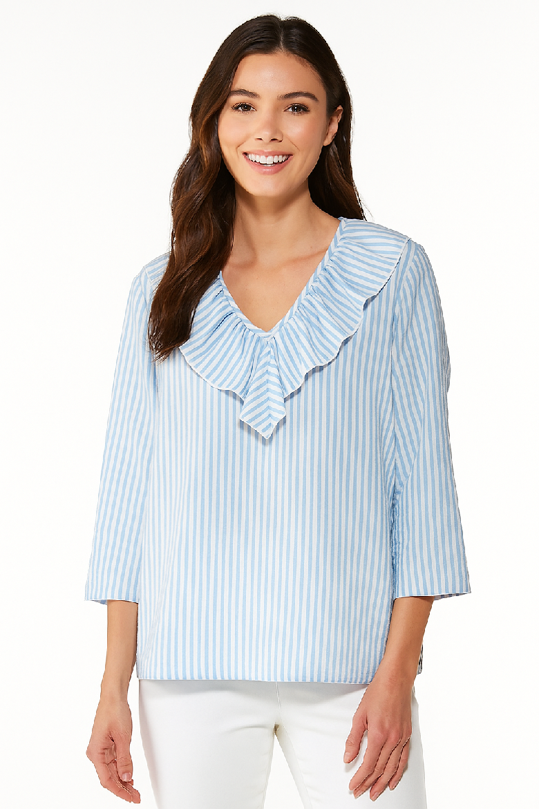 Striped Linen-Like Ruffle Neck Blouse