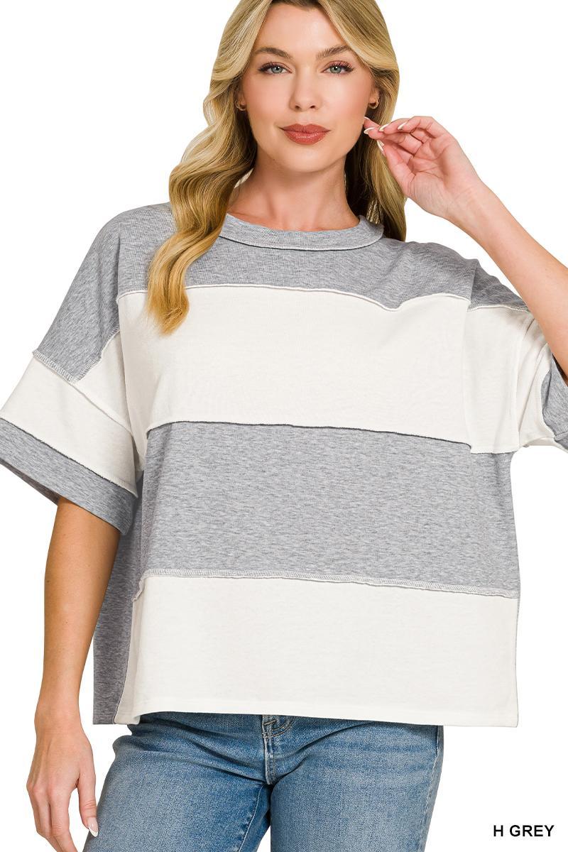 Zenana French Terry Color Block Exposed Seam Top