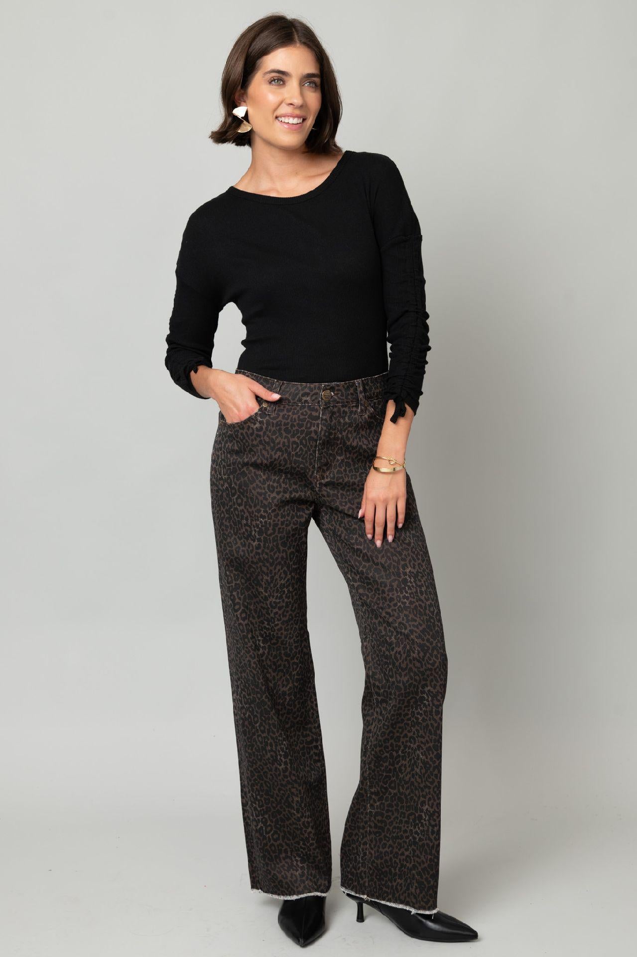 Cheetah Print 31" Inseam Wide Leg Fray Hem Jean