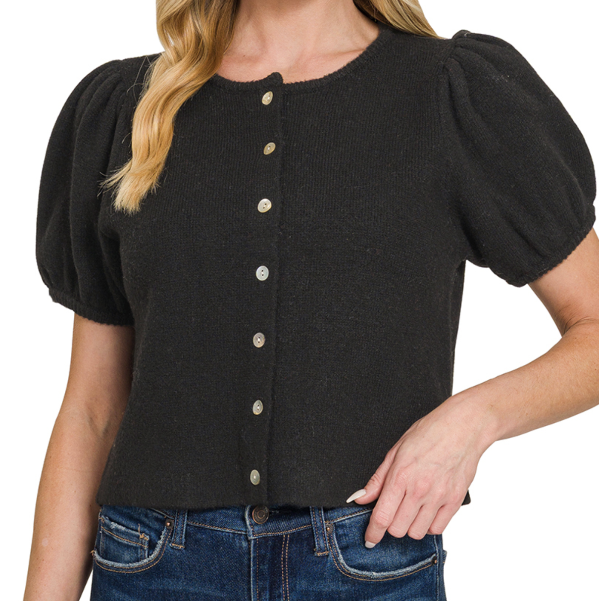 ZENANA PUFF SLEEVE CARDIGAN SWEATER