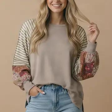 Round Neck Raglan Bubble Sleeve Pullover Top