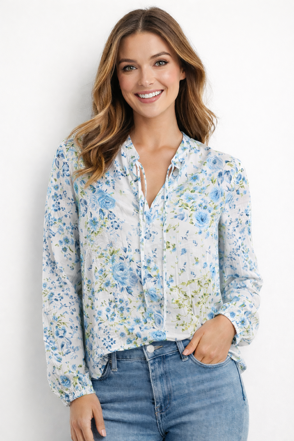 Pleated Floral Tie Front Blouse