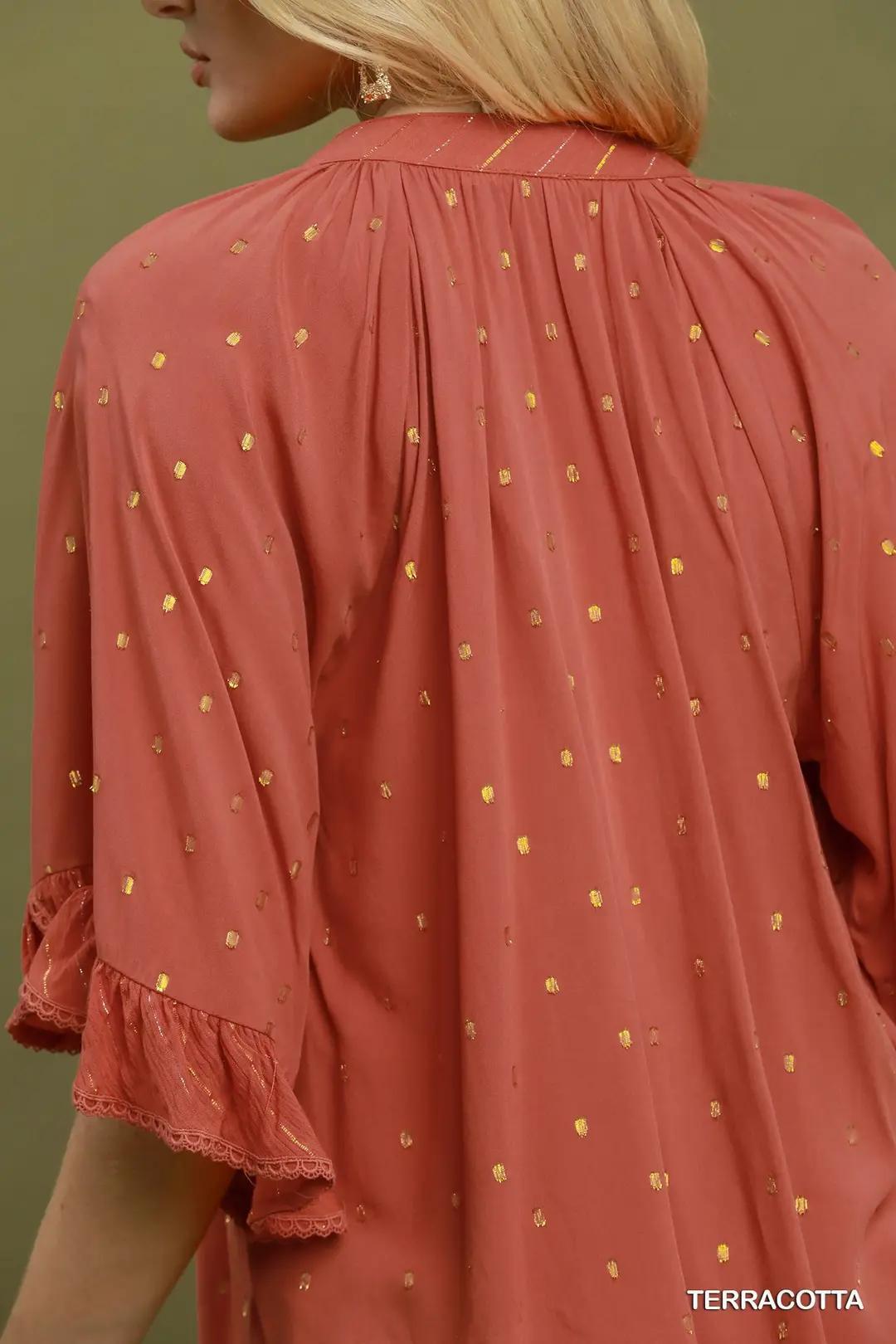Umgee V-Neck Solid Top with Dot Accents - Terracotta