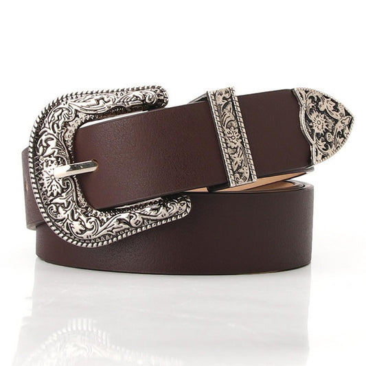 Classic Vintage Buckle Belt with Embossed - Coffee