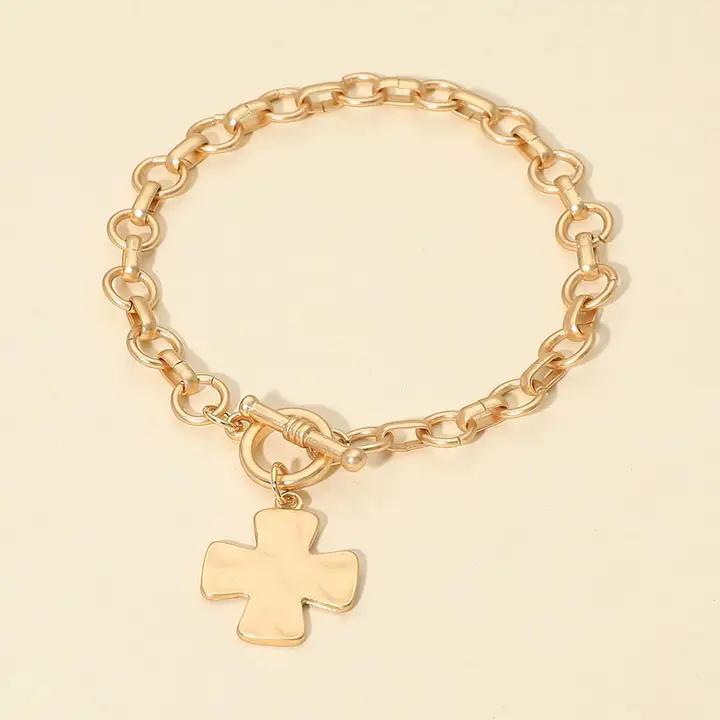 Matte hammered Metal Cross Charm Toggle Chain Link Bracelet