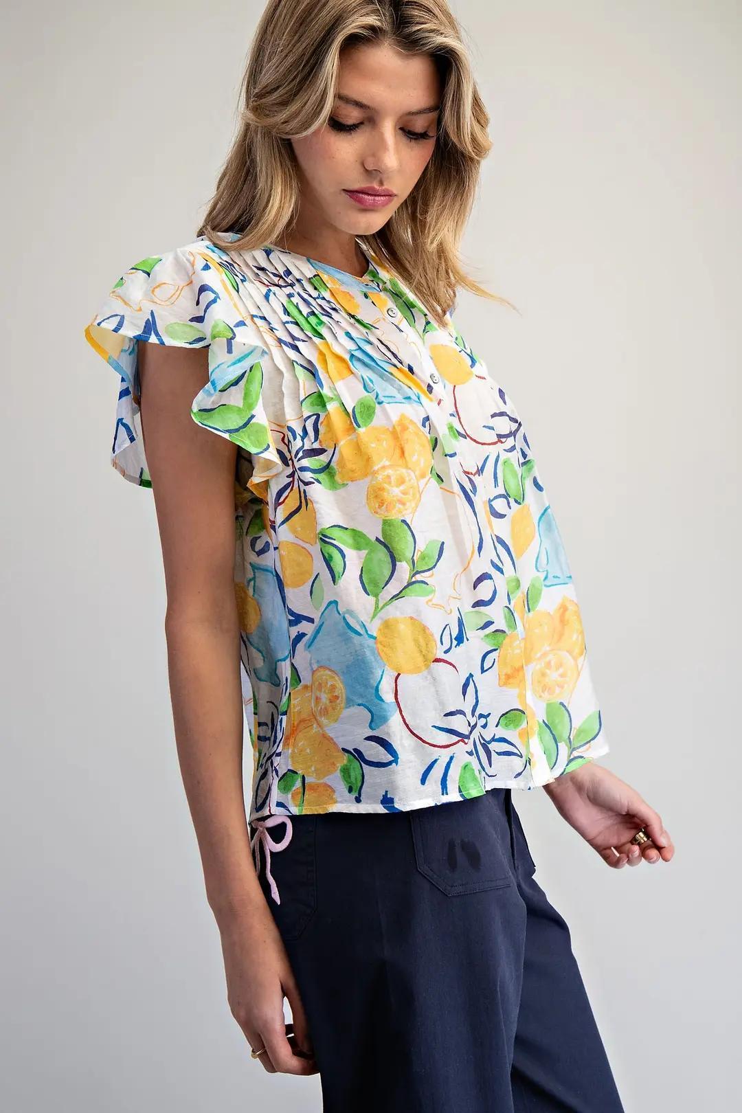 Fruit Printed Ruffle Short Sleeve Pleated Blouse