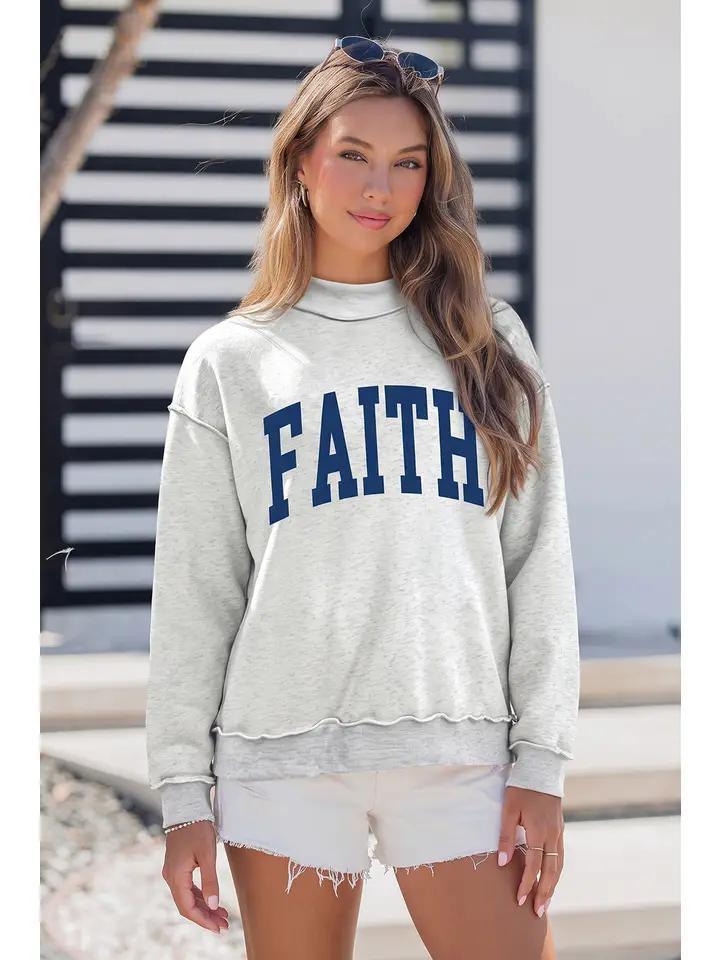Double Side Letter Print Mock Neck Sweatshirt Light Grey