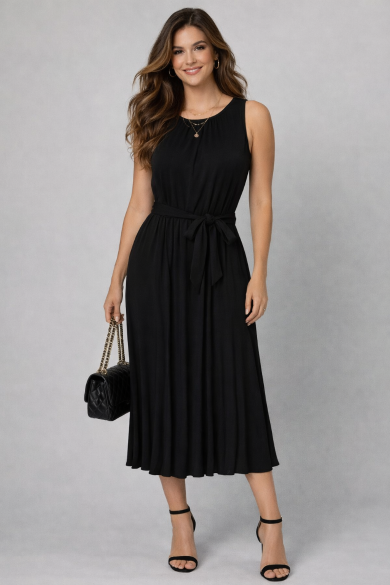 Self Sash Pleated Midi Dress - Black