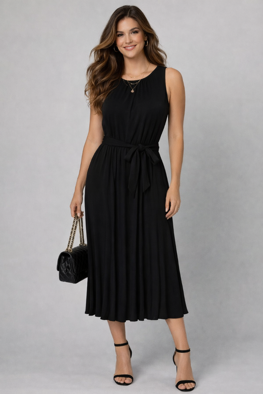 Self Sash Pleated Midi Dress - Black