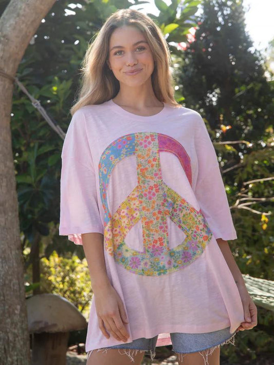 Natural Life Oversized Cotton Applique Tee Peace Sign