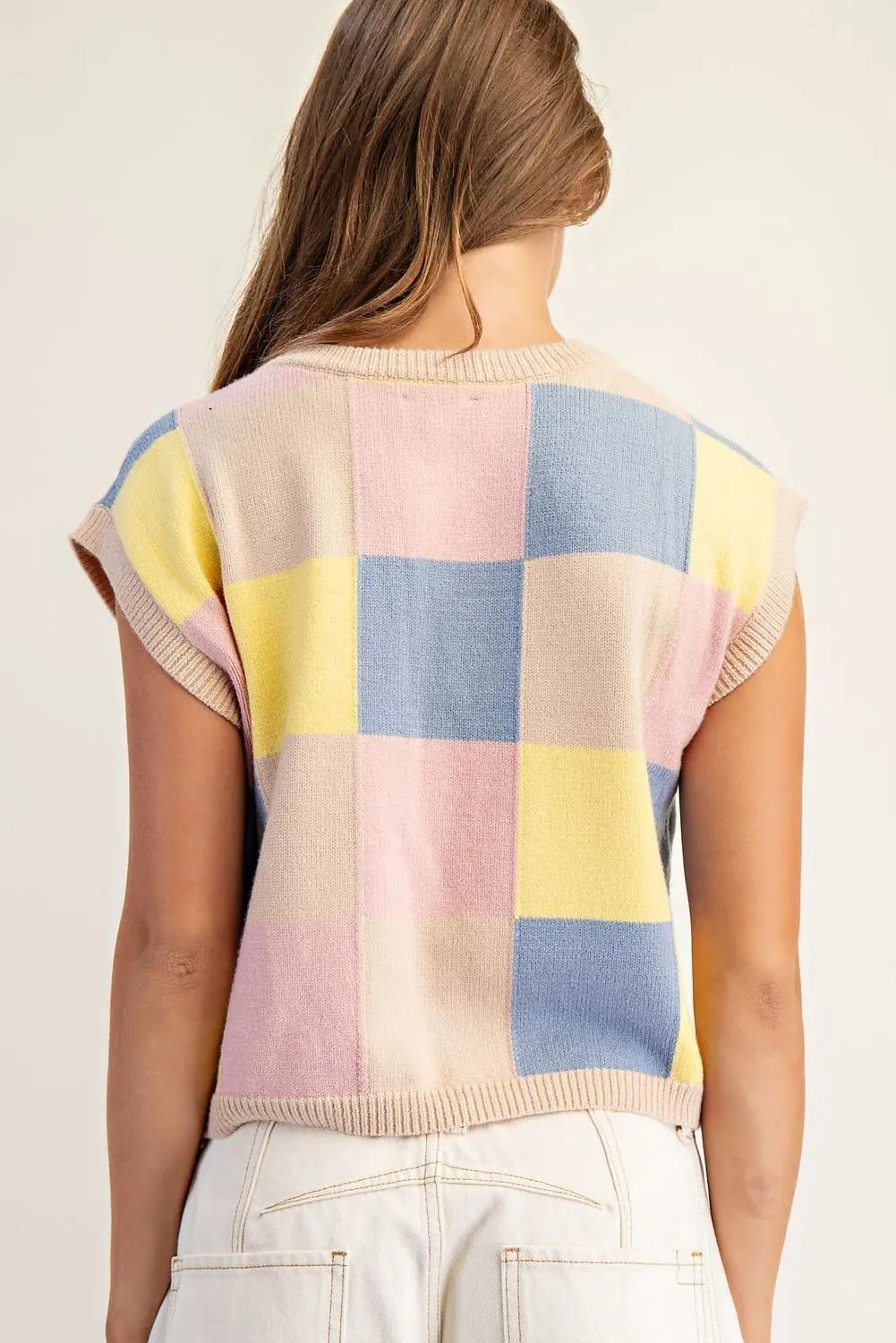EE:SOME Checker Print Sleeveless Sweater Top Oat Whisper