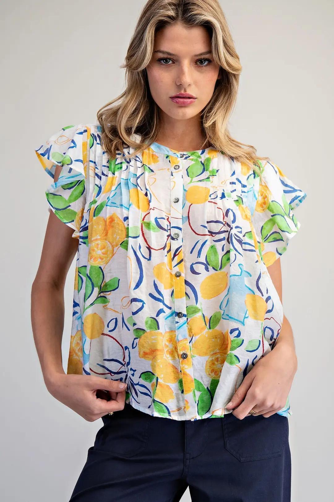 Fruit Printed Ruffle Short Sleeve Pleated Blouse