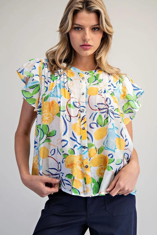 Fruit Printed Ruffle Short Sleeve Pleated Blouse