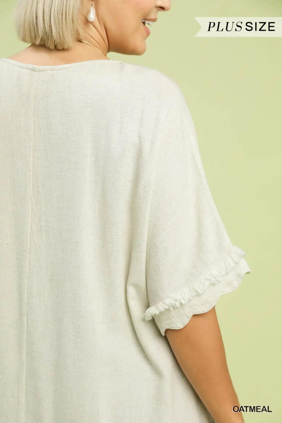 Umgee Linen Frayed Hem Scallop Edge Top Oatmeal