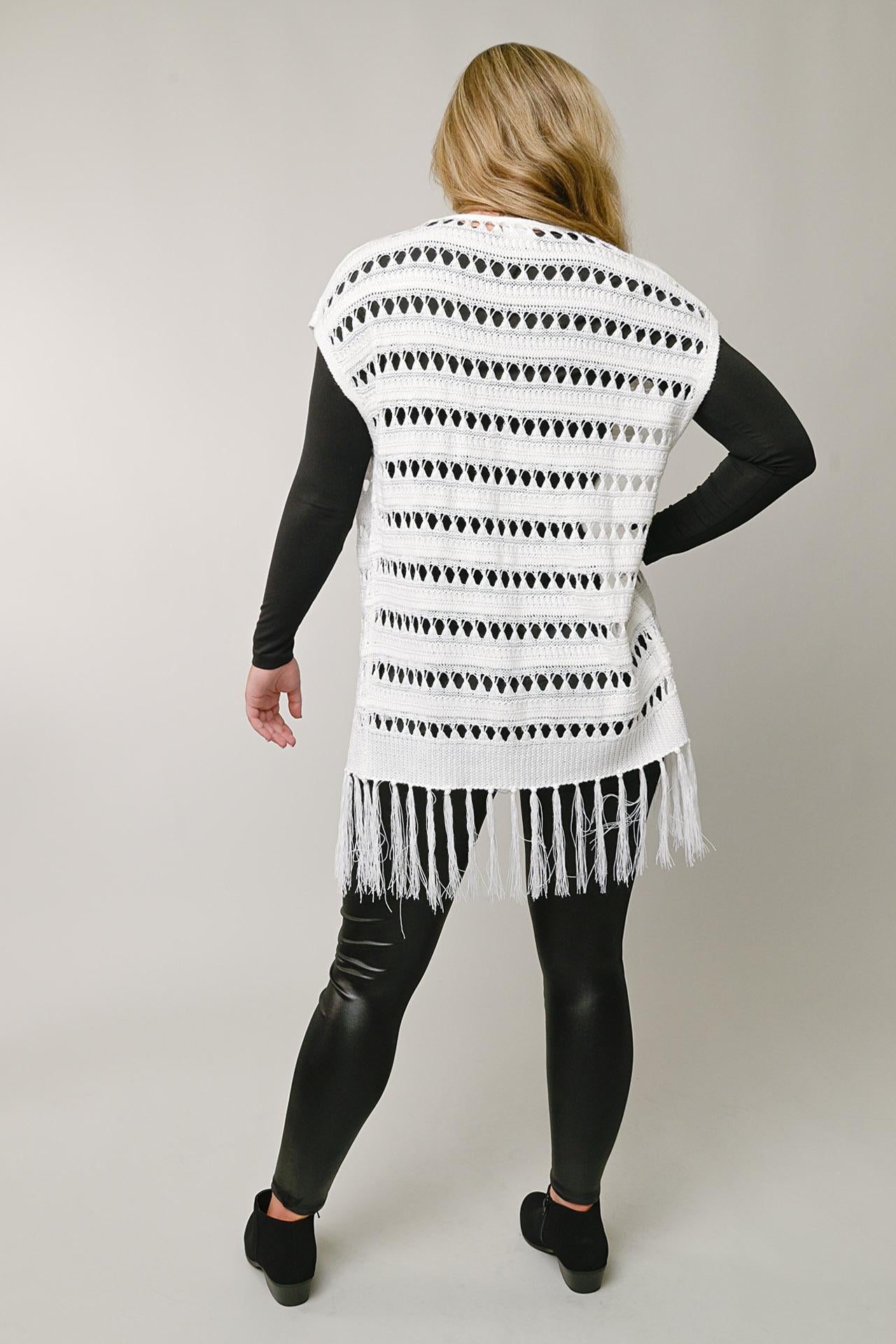 Pointelle Open Front Cardigan w/ Fringe