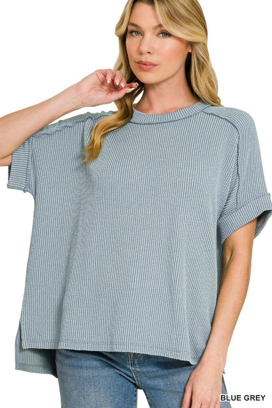 Zenana Raised Rib Cuff Sleeve Raw Edge Top