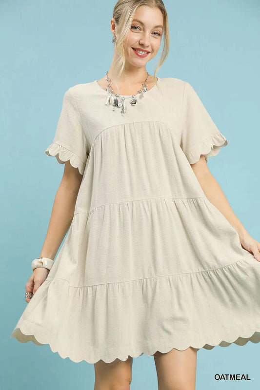 Umgee Linen Tiered Babydoll Dress with Ruffle Sleeves Oatmeal