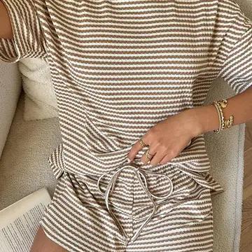 Striped Knit Shorts Set Casual Drawstring Lounge - Khaki