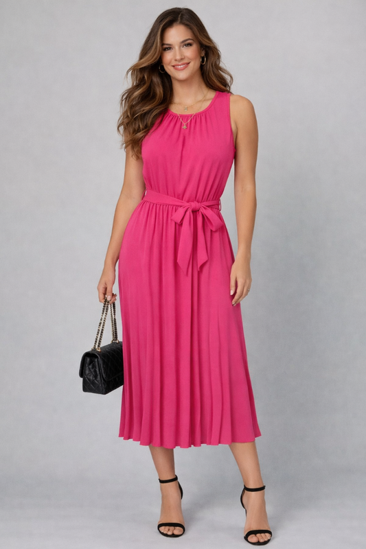 Self Sash Pleated Midi Dress  - Fuchsia