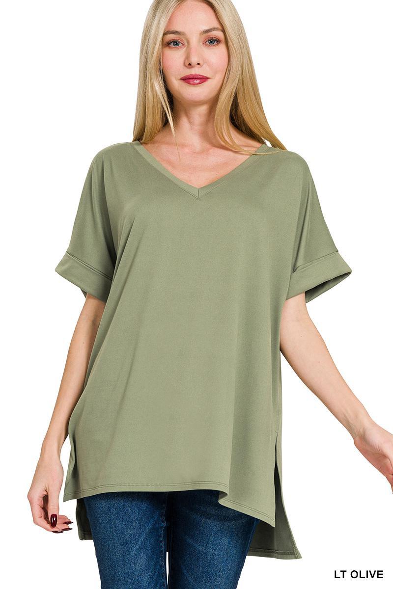 ZENANA PT-2456 Curvy Brushed Rolled Short Sleeve V-neck Top