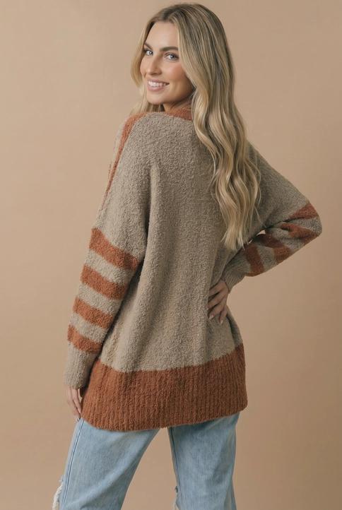 V Neck Stripe Popcorn Oversized Fit Cardigan CARAMEL/TAUPE