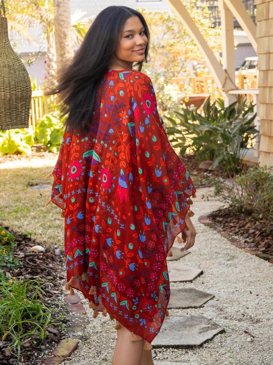 Natural Life Rust Floral Soleil Tassel Kimono