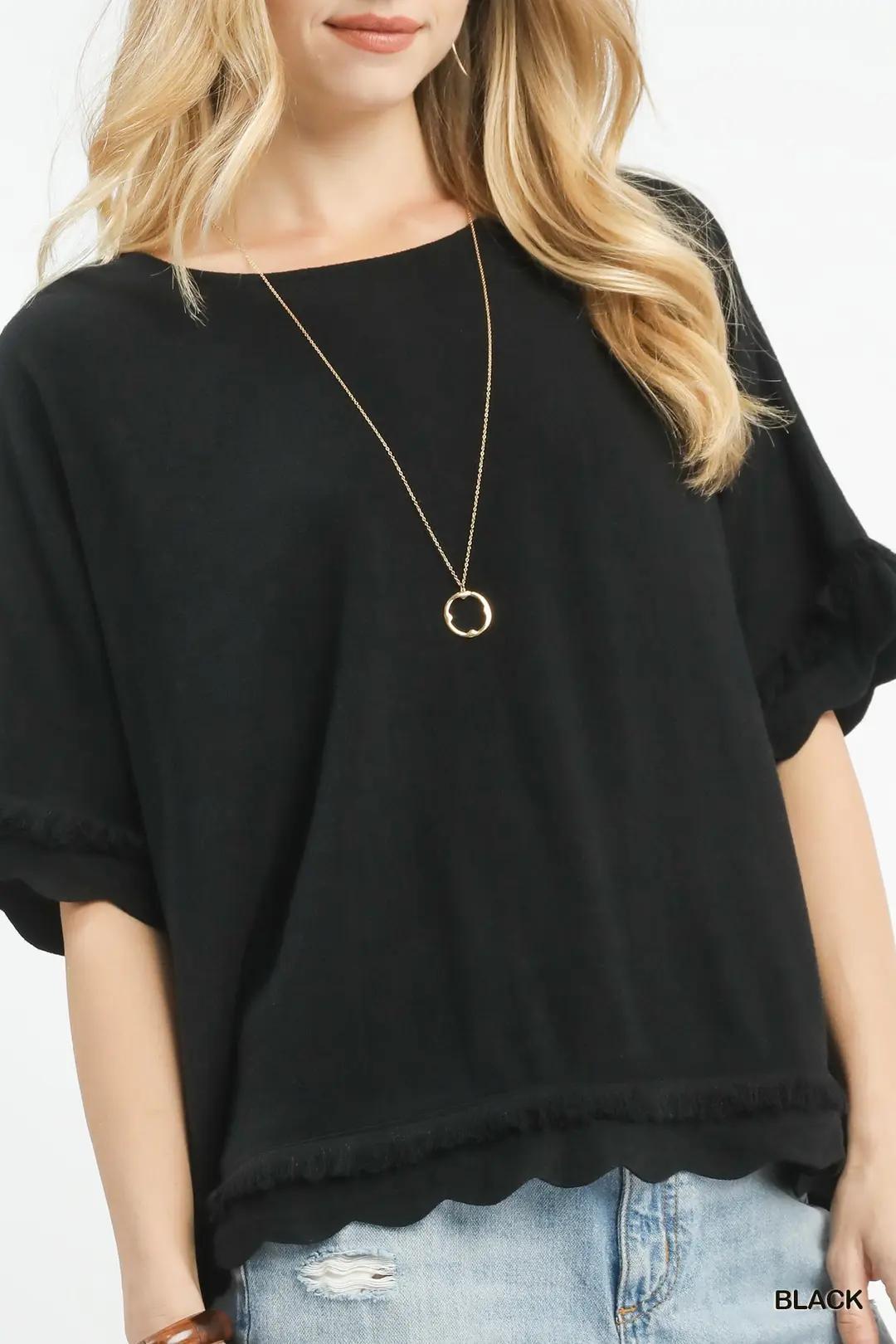 Umgee Linen Frayed Hem Scallop Edge Top Black
