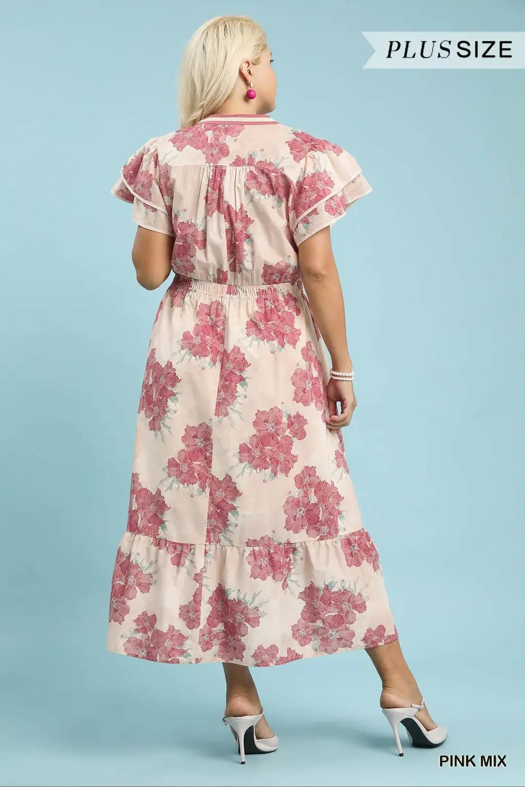 UMGEE Plus Size Floral Flutter Sleeve Midi Dress