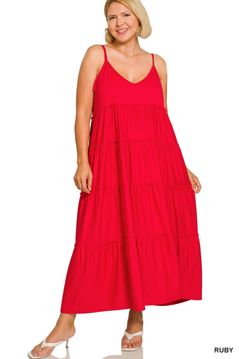 ZENANA  V-neck Cami Maxi Tiered Dress w/ Side Pockets