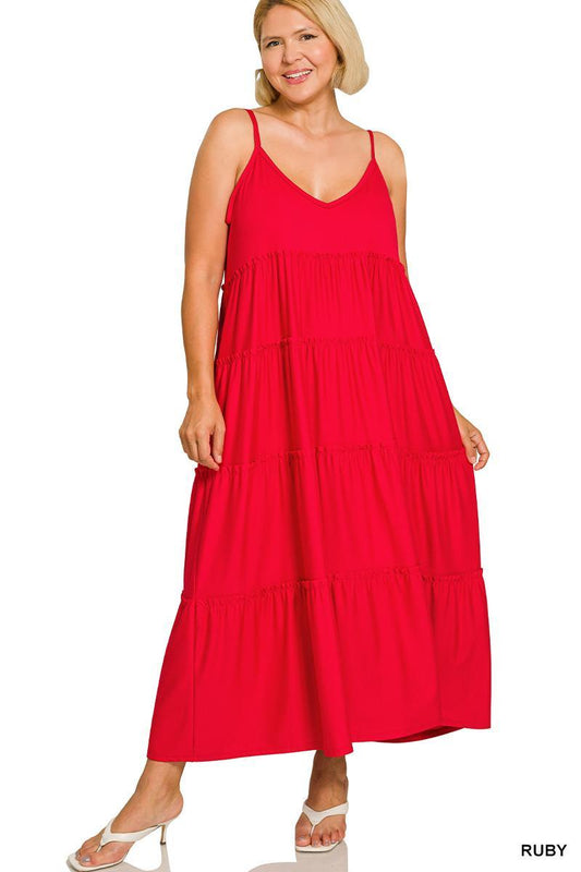 ZENANA  V-neck Cami Maxi Tiered Dress w/ Side Pockets