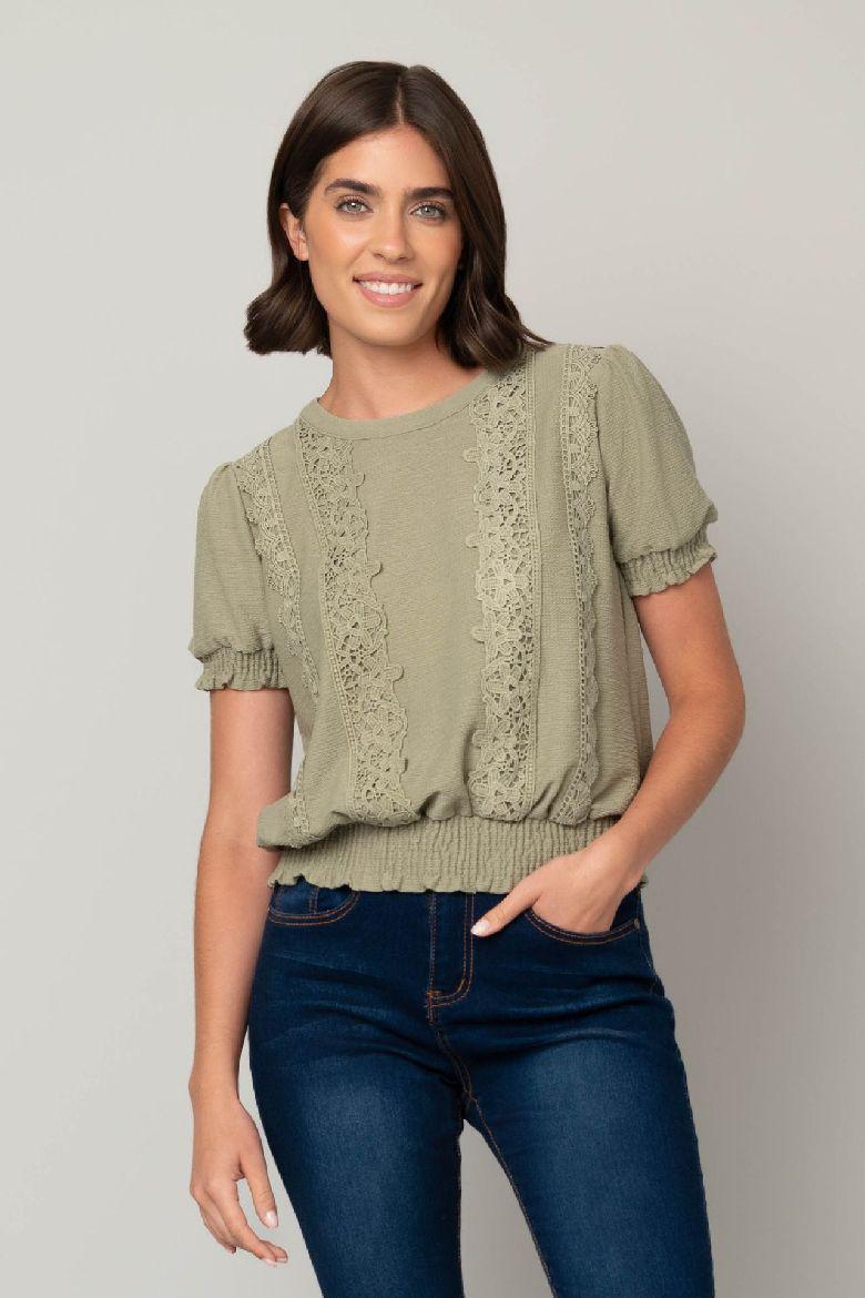 Lace Trim Olive Top S/S