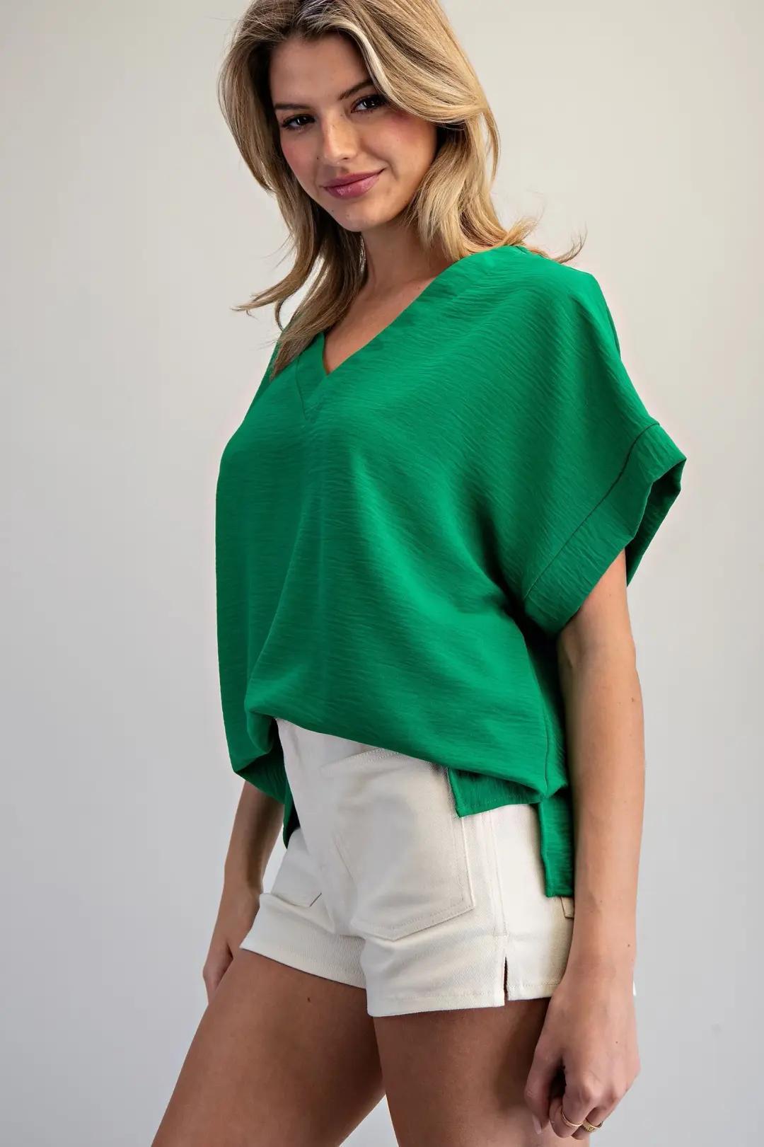 EE:SOME Solid V-Neck Short Sleeve Blouse