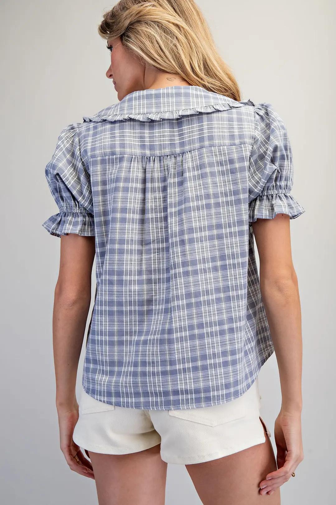 EE:SOME Plaid Puff Sleeve Button Down Blouse Blue Bell