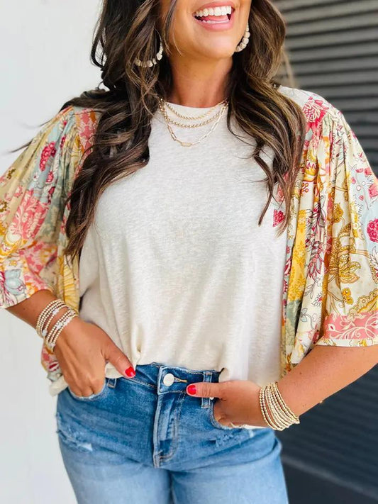 Beige Floral Patchwork Half Batwing Sleeve Blouse