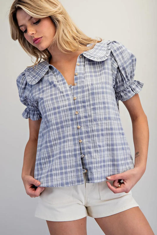 EE:SOME Plaid Puff Sleeve Button Down Blouse Blue Bell