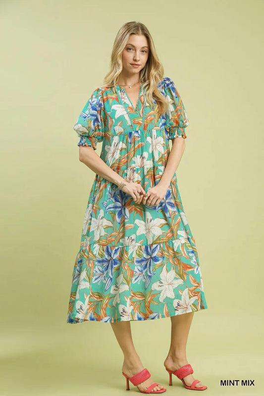 UMGEE Mix Tropical Floral Tiered Midi Dress Reg & Curvy
